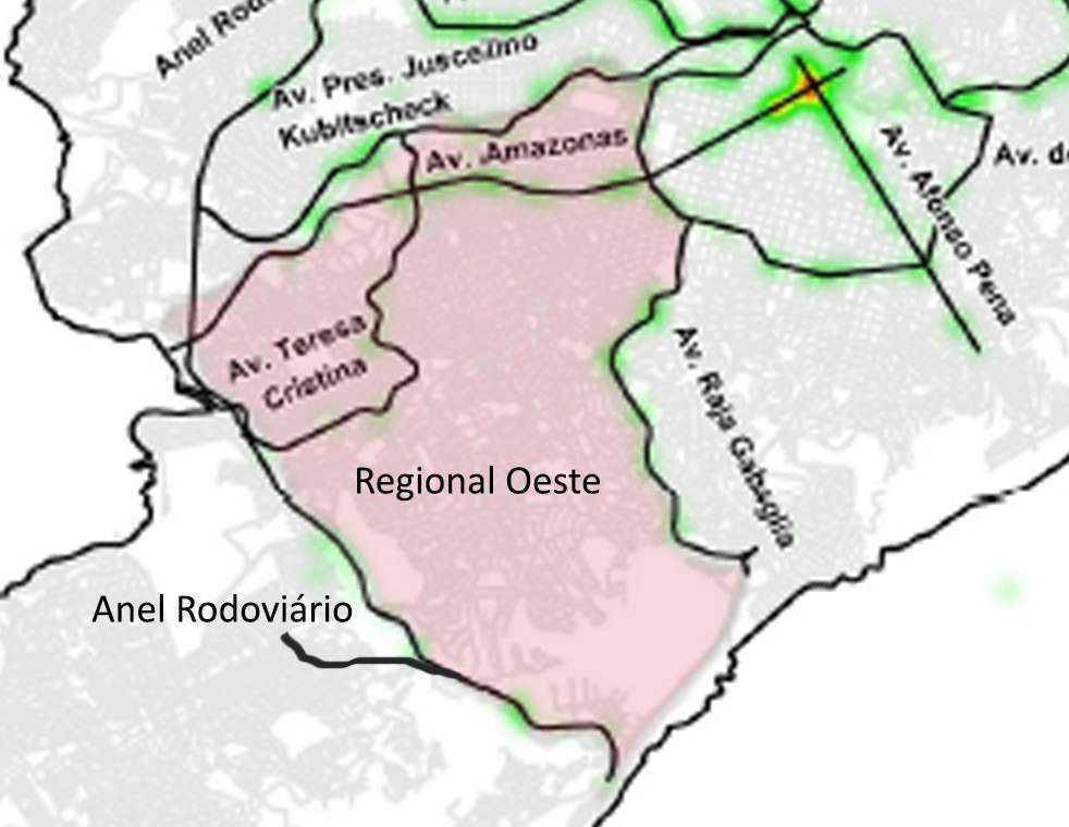 Mapa com as vias mais perigosas da Regional Oeste. Fonte: REDS CINDS