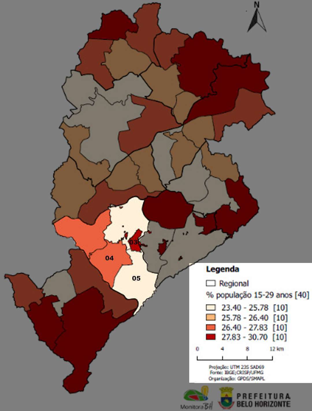 Percentual da população com idade de 15 a 29 anos de idade por Território de Gestão Compartilhada - Fonte - PBH