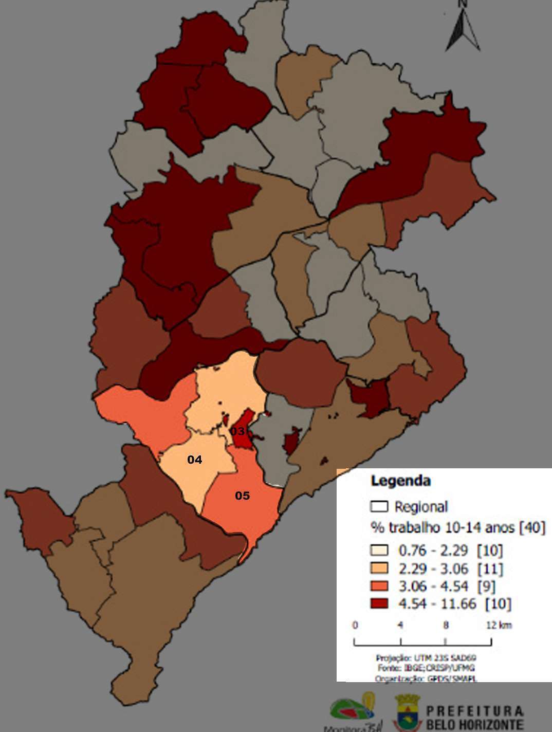 Percentual de crianças de 10 a 14 anos de idade ocupadas por Território de Gestão Compartilhada - Fonte - PBH