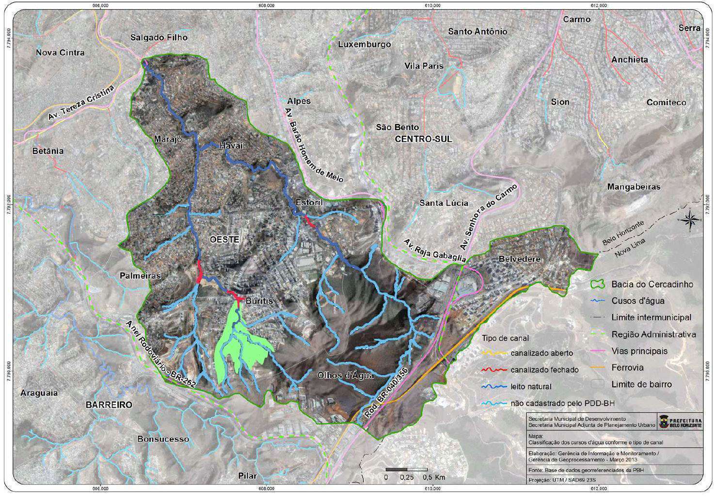 Mapa bacia do Cercadinho e tipos de canalização