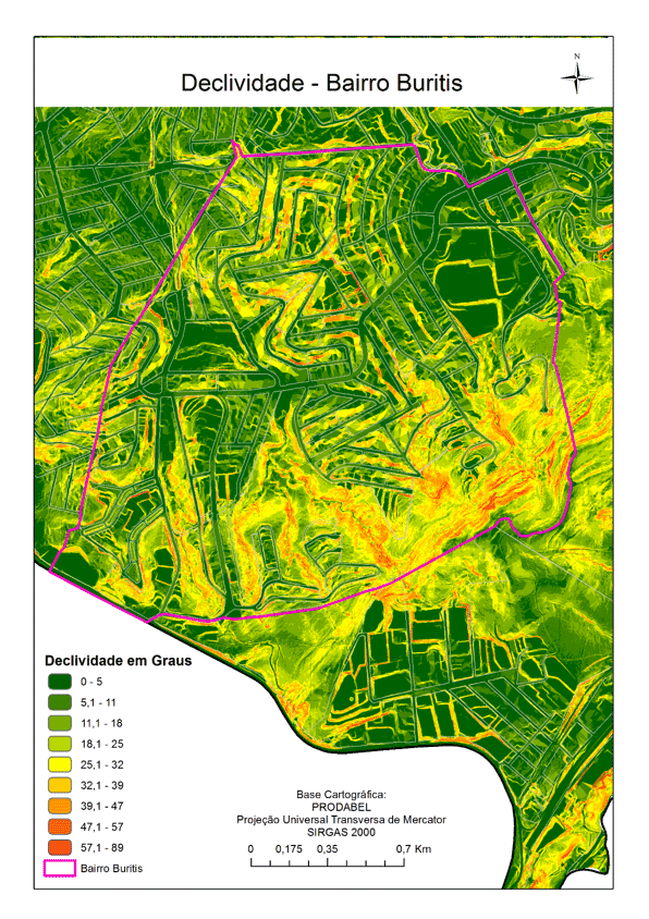 Mapa de Declividade do Buritis. Fonte: Prodabel