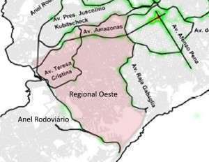 Mapa com as vias mais perigosas da Regional Oeste. Fonte: REDS CINDS