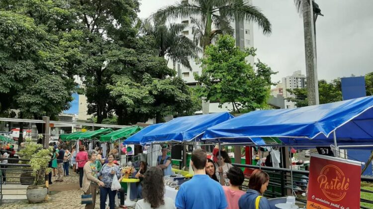 Pessoas andam entre barracas na Feirinha do Buritis.